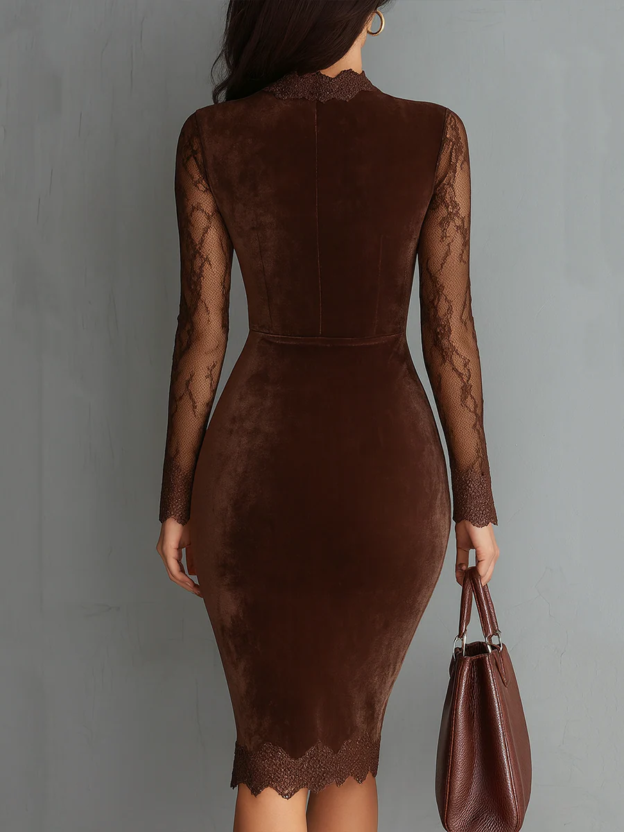 Brown Vintage Keyhole Neckline Lace Sleeves Velour Mini Dress