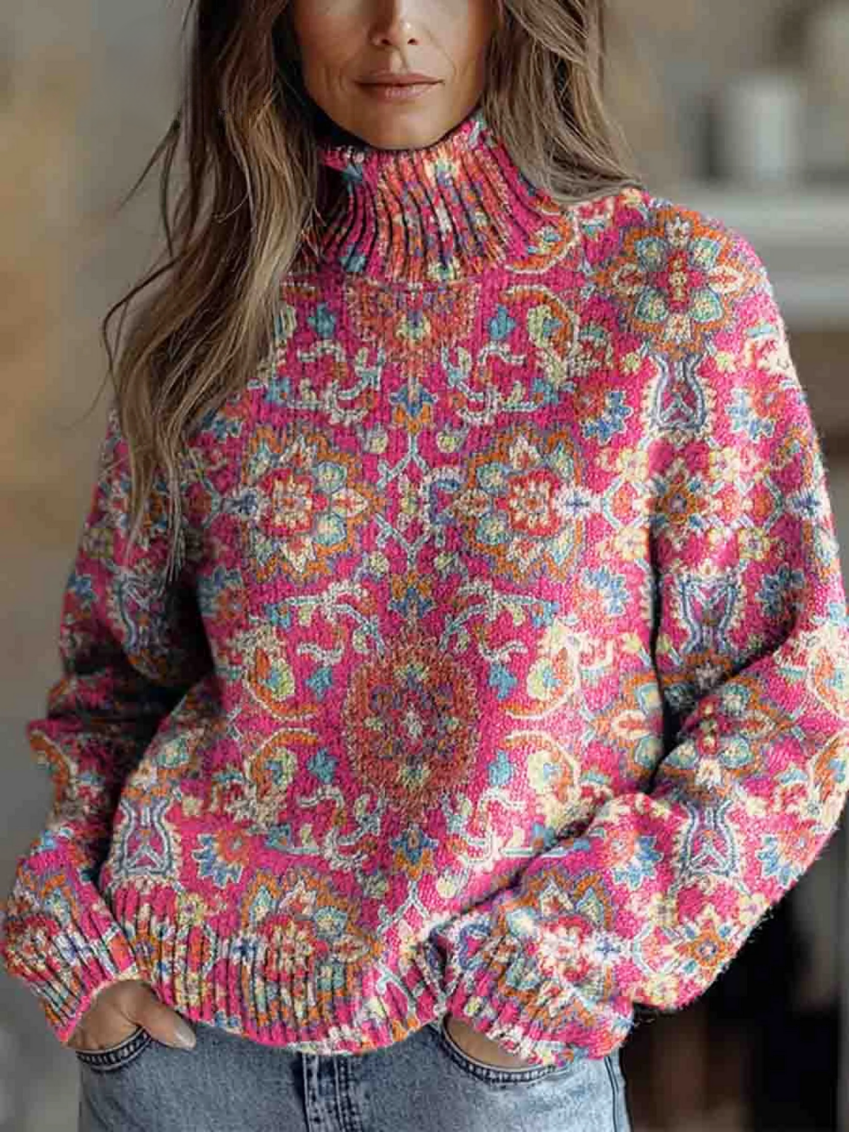 Lucy | Retro Ethnic Floral Turtleneck