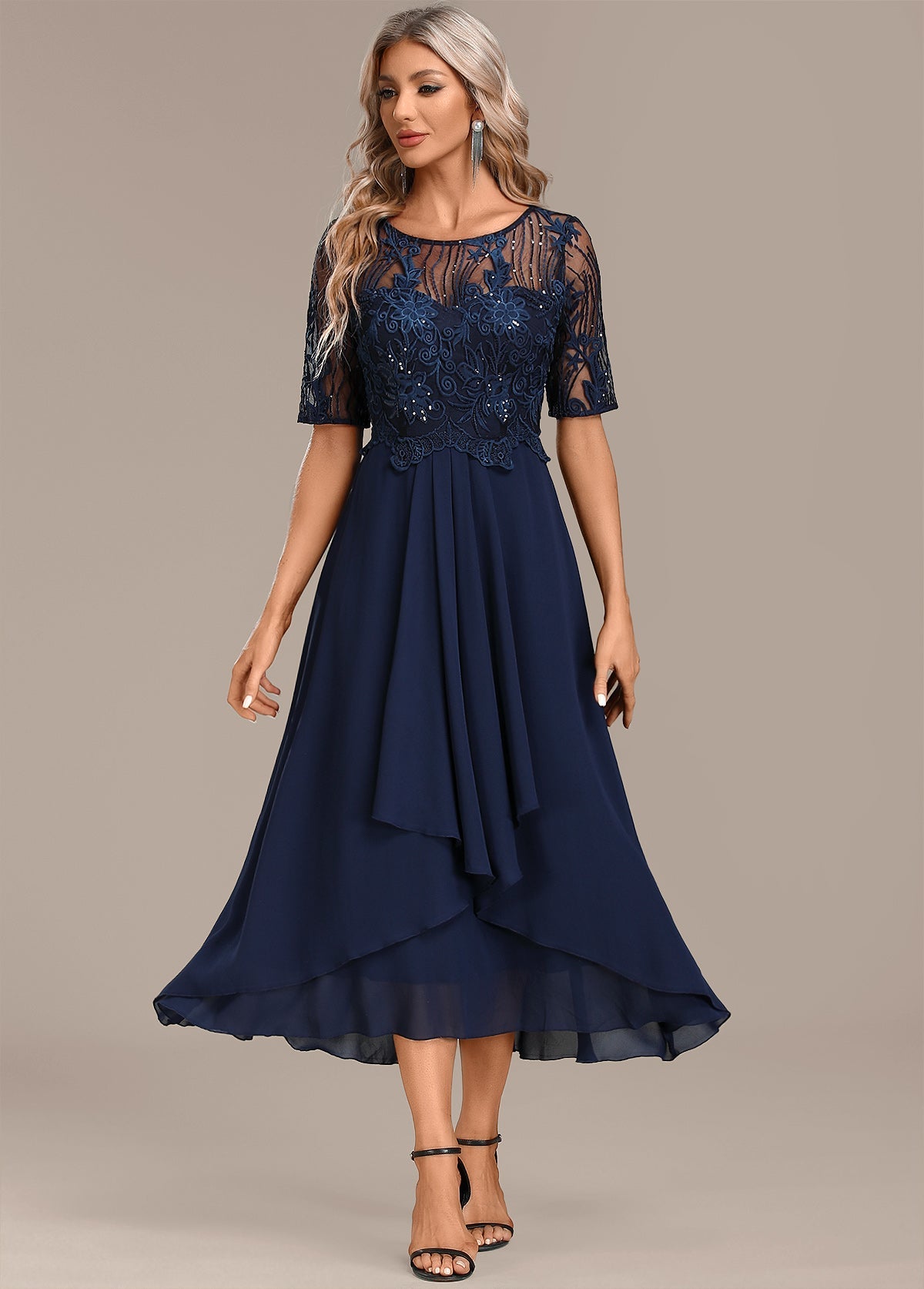 Sophie Navy Lace Short Sleeve Round Neck Dress
