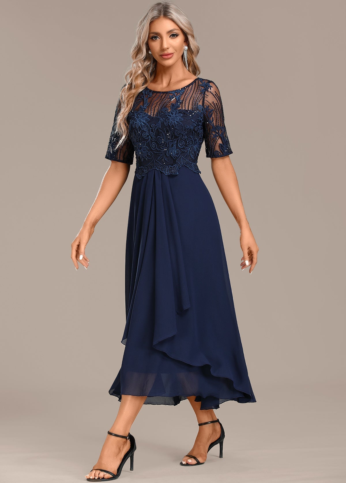 Sophie Navy Lace Short Sleeve Round Neck Dress