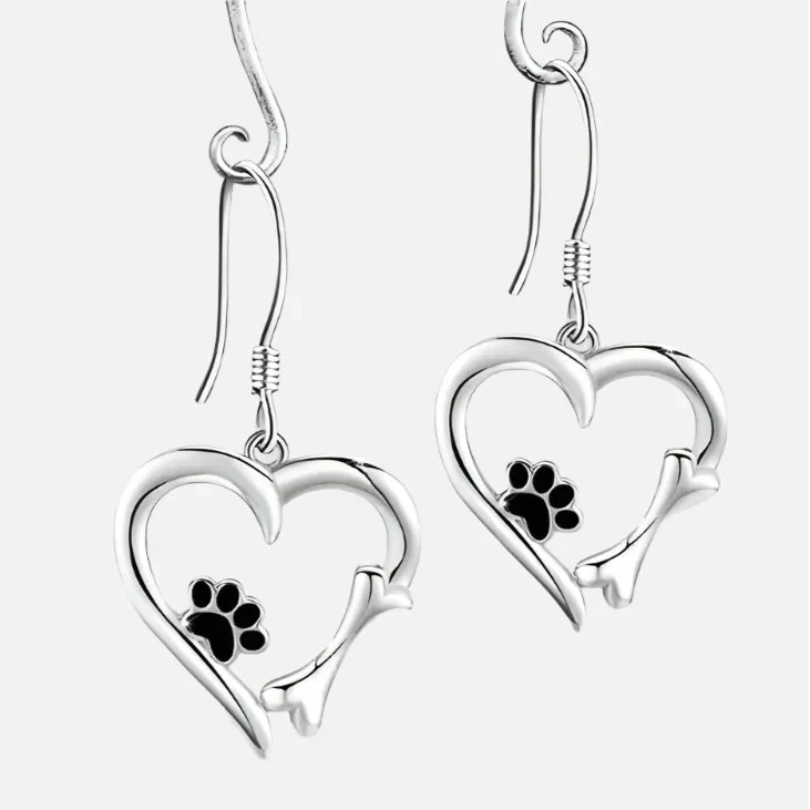 Silver drop earrings with heart and paw print motif