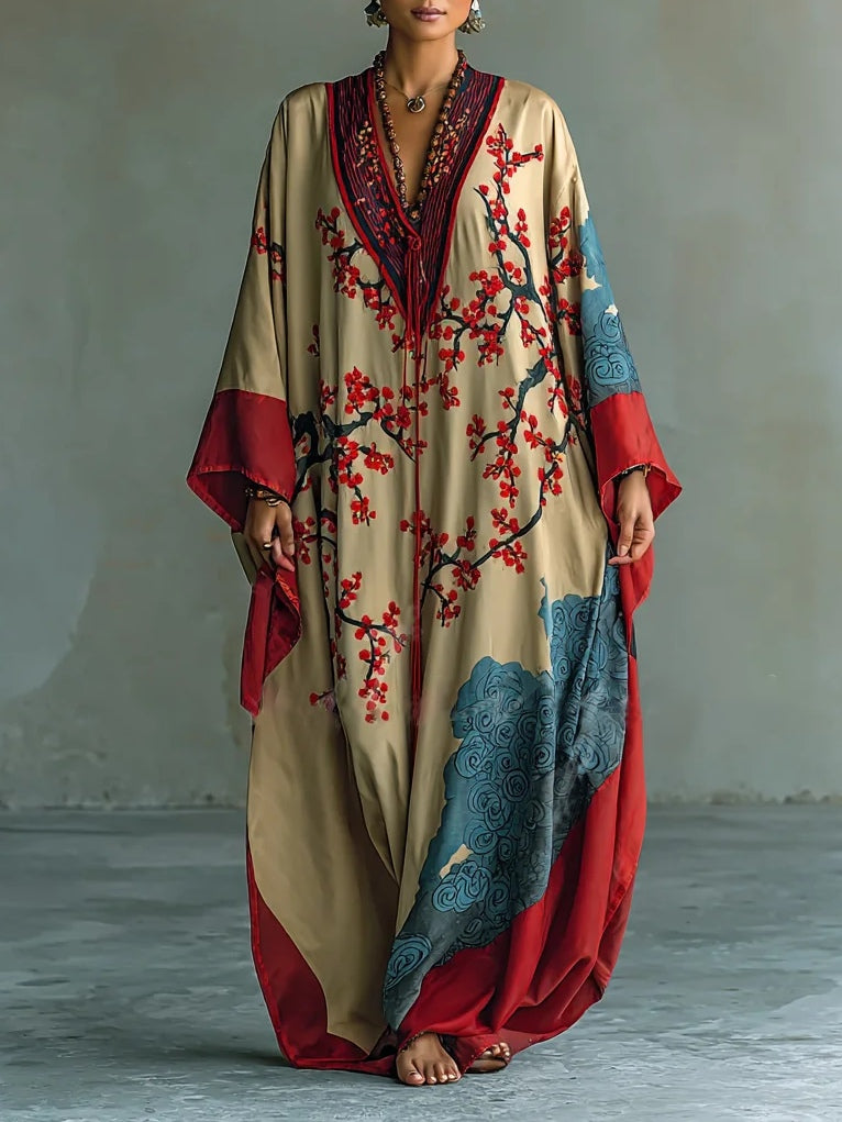 Japanese Red Plum Blossom Maxi Dress with Bat Sleeves