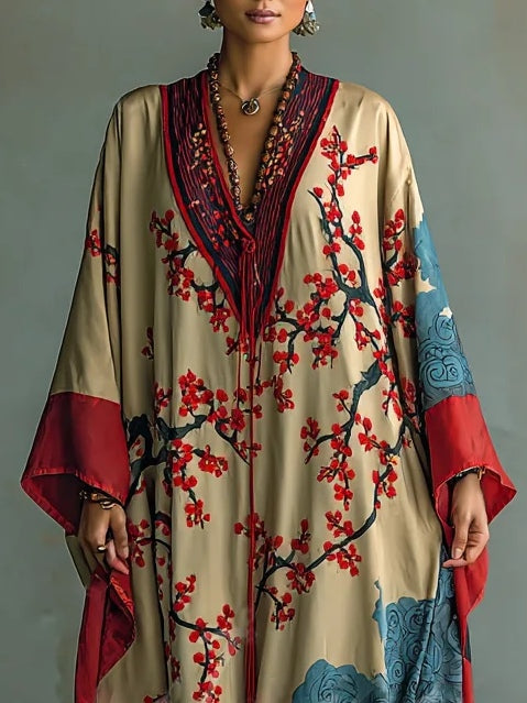 Japanese Red Plum Blossom Maxi Dress with Bat Sleeves