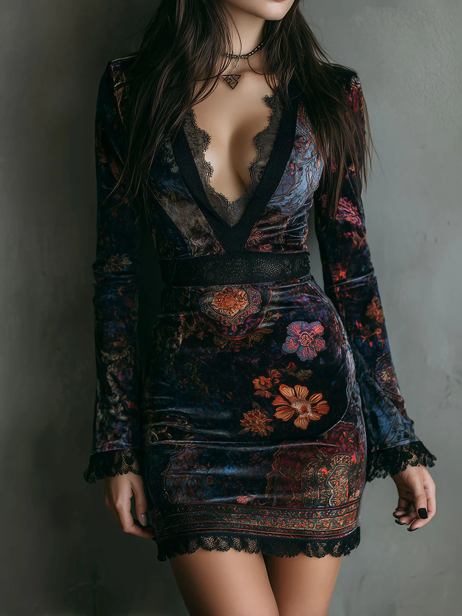 Flower Print V-Neck Velvet Trim Slim-Fit Mini Dress