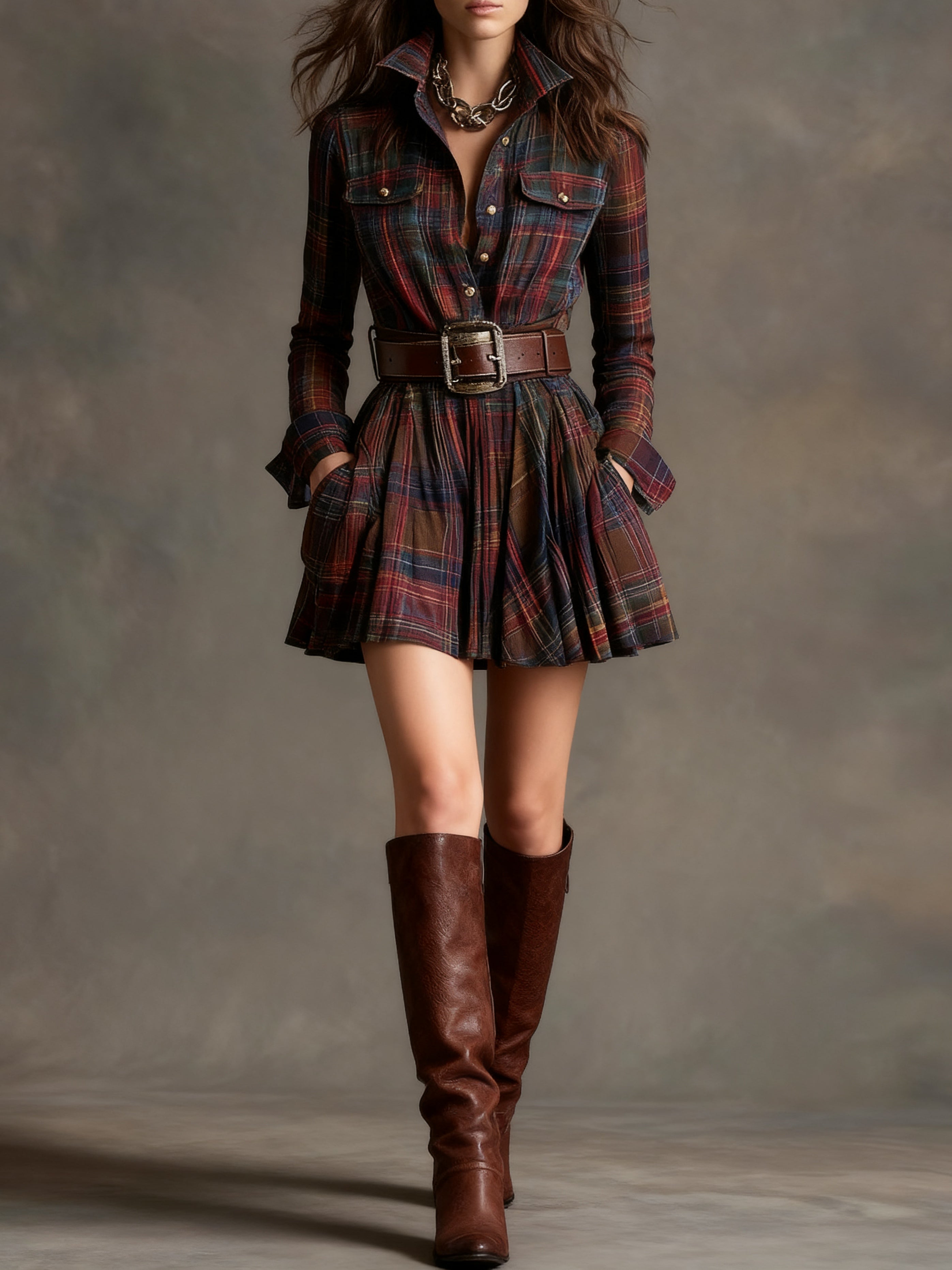 Vintage Collar Red and Brown Checked Mini Dress (Including belt)